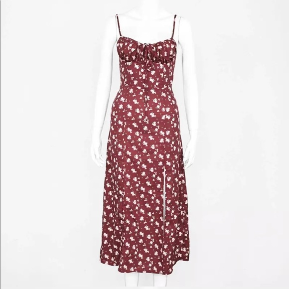 Red wine floral slit summer beach dress - Picture 7 of 15